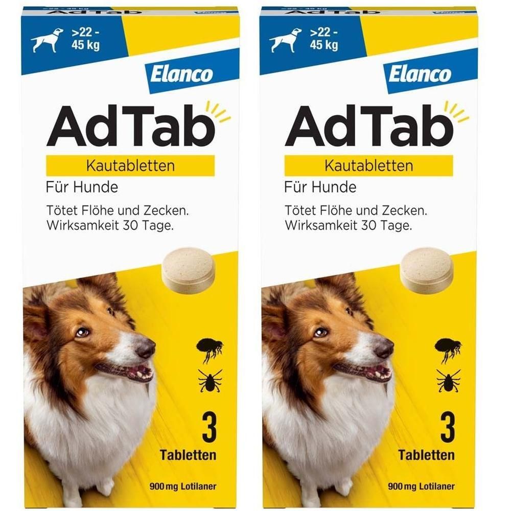 Zwei Packungen AdTab Kautabletten für Hunde. Enthält 3 Tabletten. Tötet Flöhe und Zecken. Wirksamkeit 30 Tage.