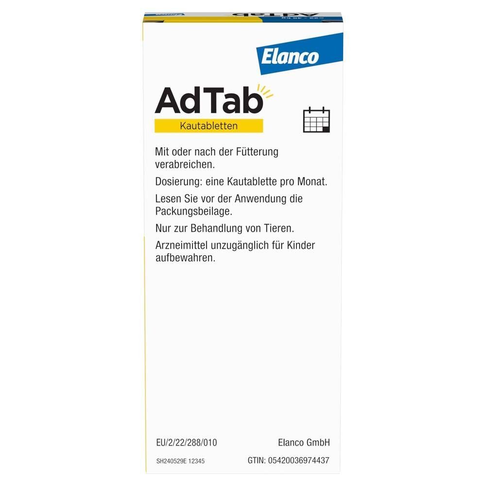 AdTab Kautabletten Packung. Enthält Informationen zur Verabreichung und Dosierung. Enthält EU- und Herstellerinformationen.