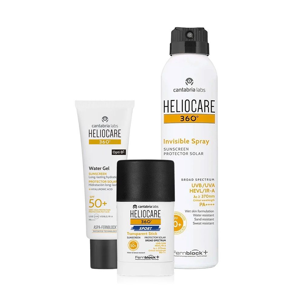 Drei Sonnenschutzprodukte: Spray, Gel und Stick. Alle mit dem Logo HELIOCARE 360°. Aufschrift: Invisible Spray, Water Gel, Sport Transparent Stick.