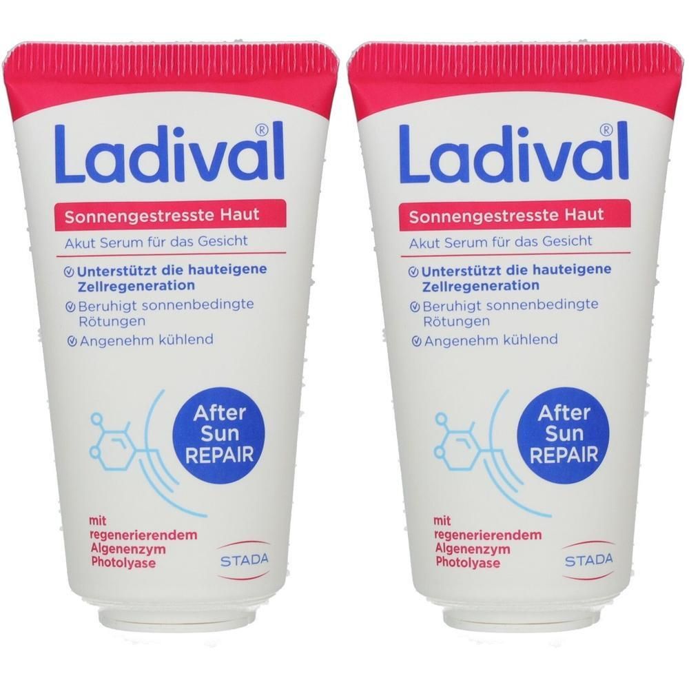 Zwei Tuben Ladival After Sun Repair Serum. Weiße Tuben mit rotem Deckel und blauer Schrift. Text: Sonnengestresste Haut, Akut Serum.