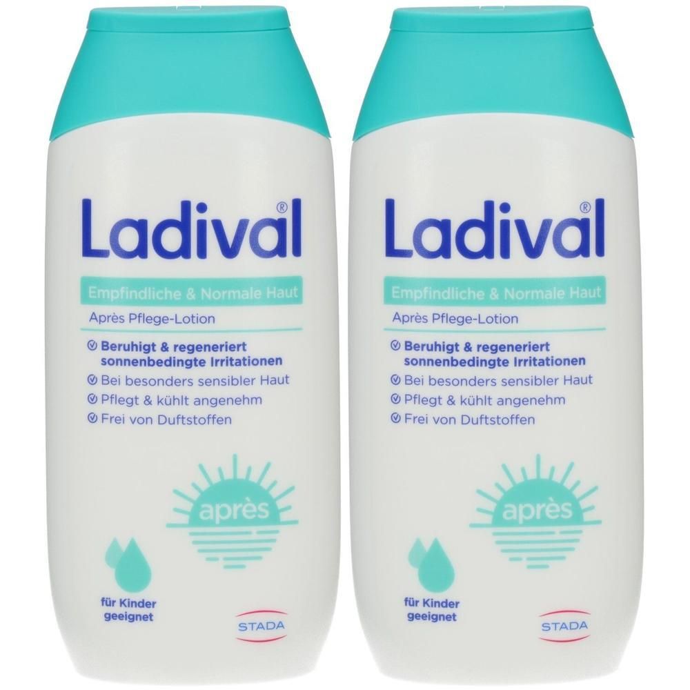 Zwei weiße Flaschen Ladival Après Pflege-Lotion. Türkisgrüner Deckel. Text: Empfindliche & Normale Haut, beruhigt, regeneriert, frei von Duftstoffen.