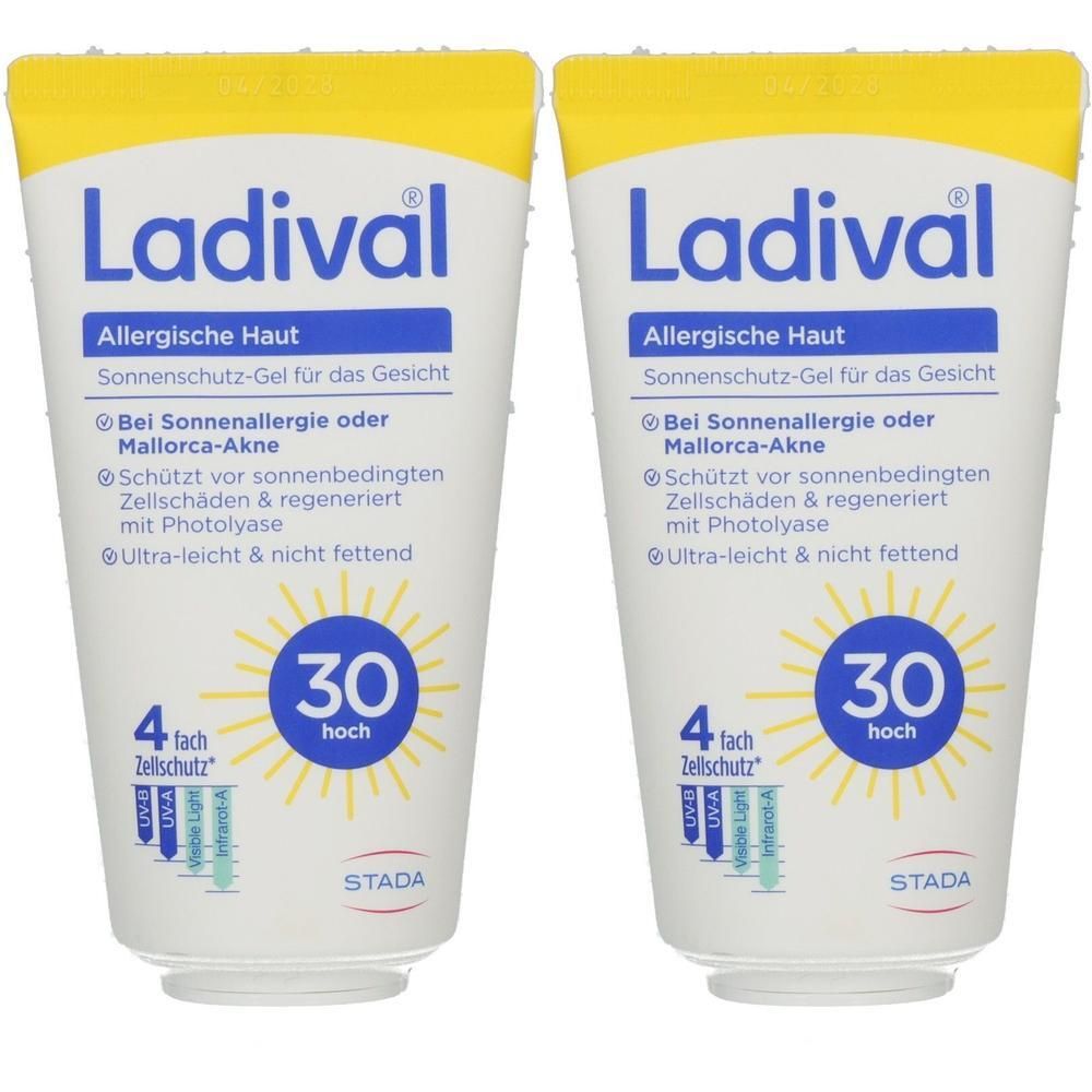 Zwei Tuben Ladival Sonnenschutz-Gel für allergische Haut. Weiß mit gelbem Deckel. Text: LSF 30, schützt vor Zellschäden.