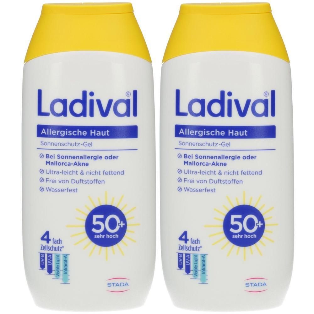Zwei weiße Flaschen Ladival Sonnenschutz-Gel LSF 50+ mit gelbem Deckel. Aufschrift: Allergische Haut, bei Sonnenallergie, ultra-leicht.