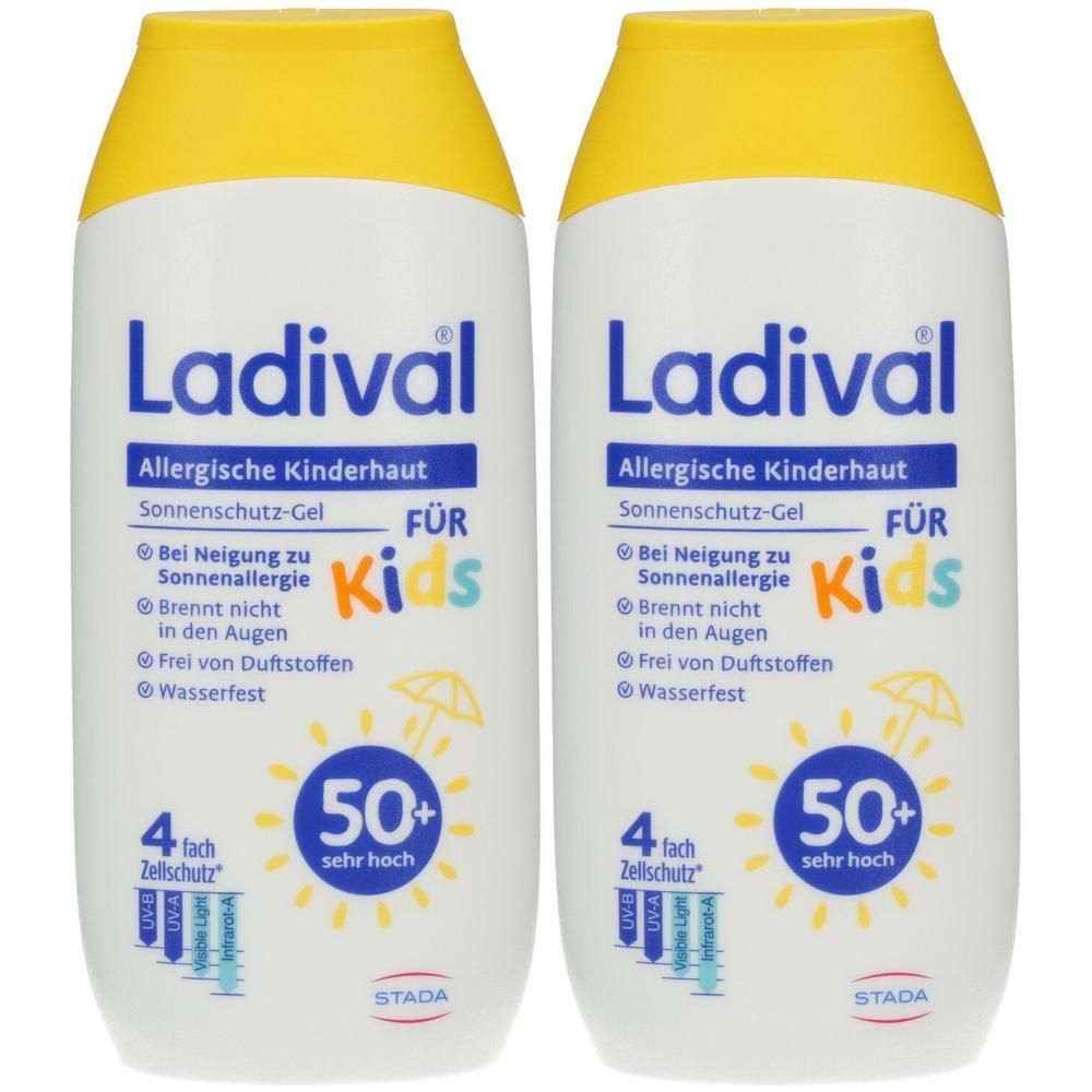 Zwei weiße Flaschen Ladival Sonnenschutz-Gel für Kinderhaut. Gelbe Kappe, blaue Schrift. LSF 50+. Text: Allergische Kinderhaut, Wasserfest.