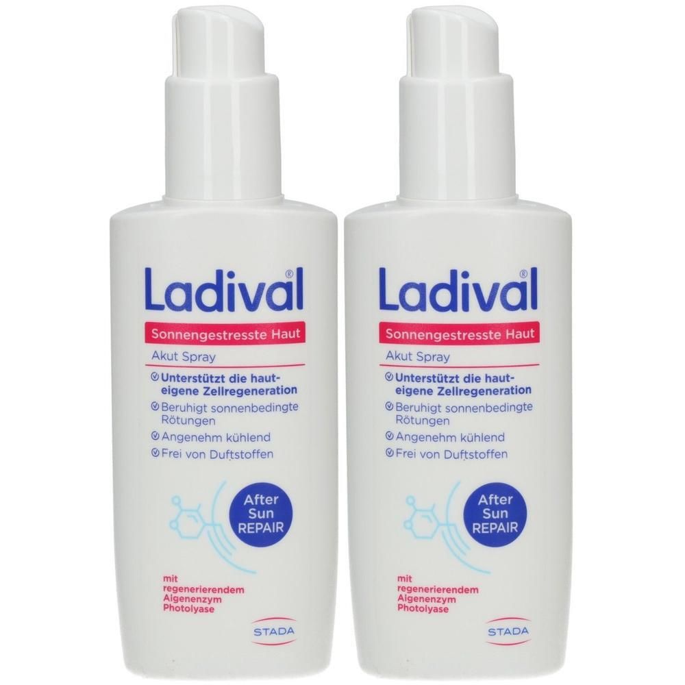 Zwei weiße Sprühflaschen mit Ladival-Logo und Text. Roter Streifen mit Aufschrift 'Sonnengestresste Haut'. 'After Sun Repair' auf blauem Kreis.