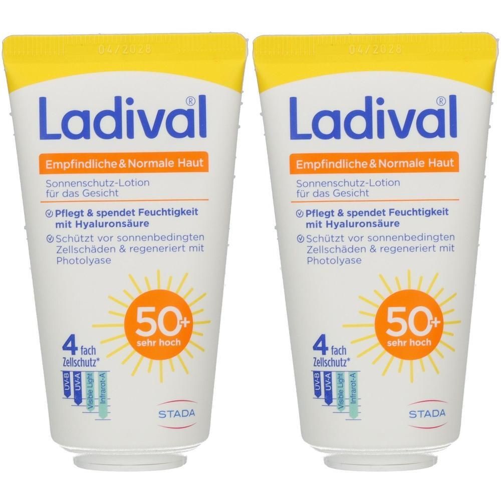 Zwei Tuben Ladival Sonnenschutz-Lotion LSF 50+ für empfindliche Haut. Weiße Tuben mit gelbem Deckel und Schriftzug.