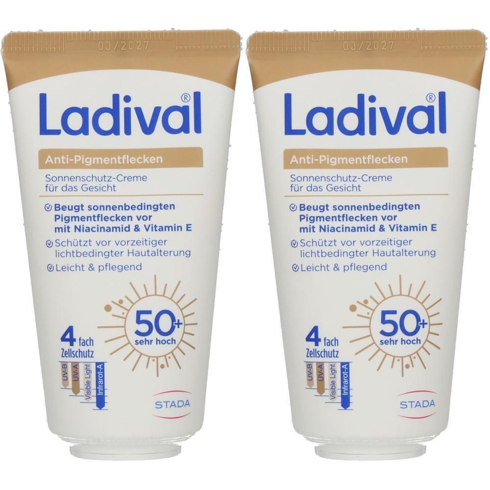 Zwei Tuben Ladival Sonnenschutz-Creme. Weiße Tuben mit braunem Deckel und blauer Schrift. Text: Anti-Pigmentflecken, LSF 50+.