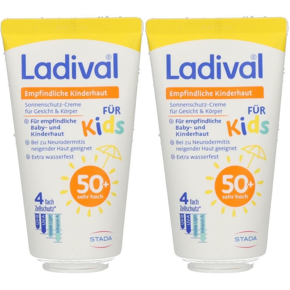 Zwei Tuben Ladival Sonnenschutz-Creme für Kinderhaut. Weiß, mit gelbem Deckel. Text: LSF 50+, für Gesicht & Körper.