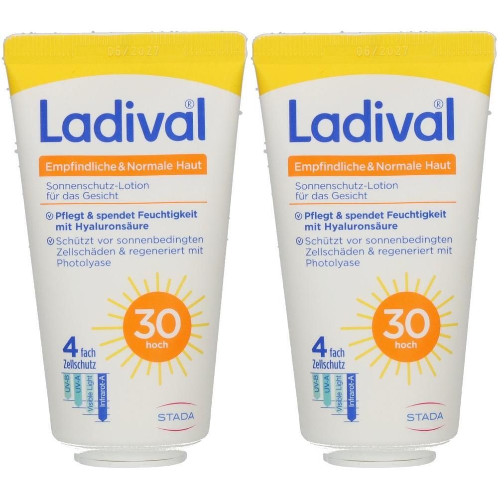 Zwei Tuben Ladival Sonnenschutz-Lotion LSF 30. Weiße Tuben mit gelbem Deckel, blaue und orangefarbene Schrift.