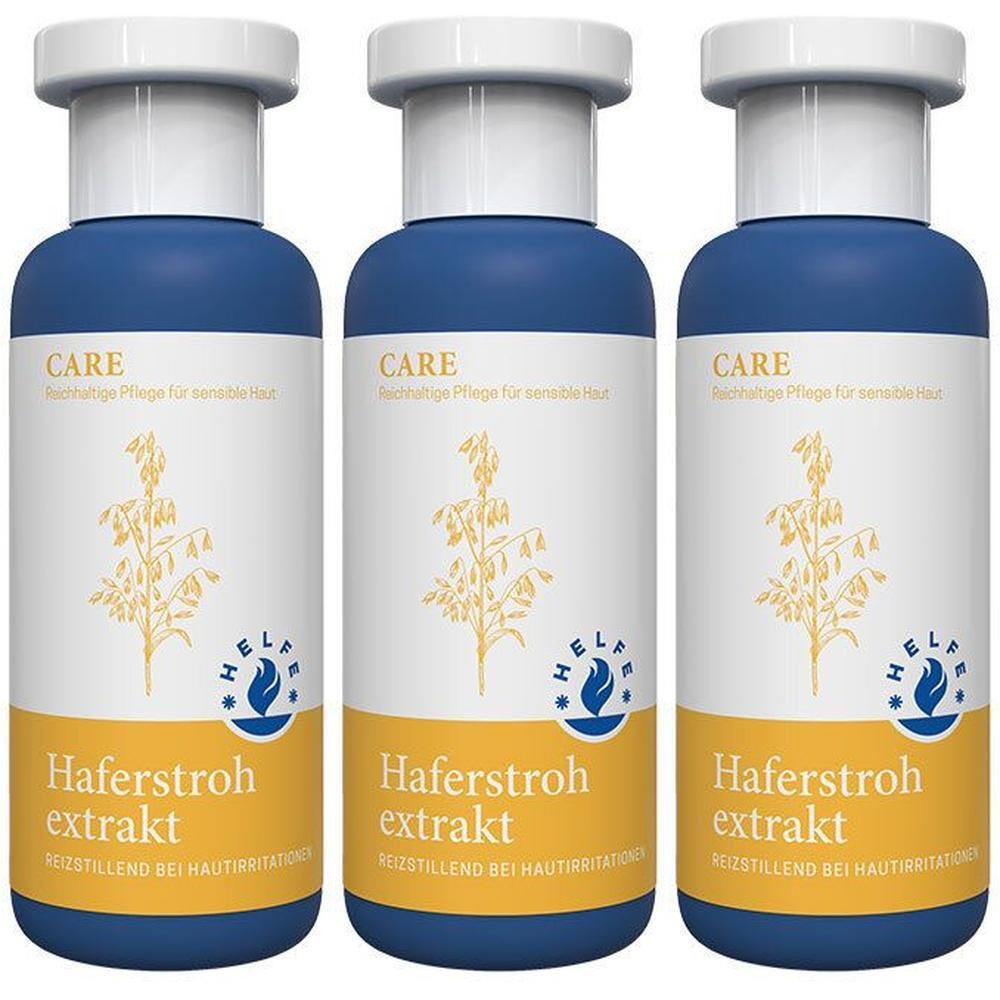 Drei Flaschen HELFE Haferstrohextrakt mit blauem Etikett und gelbem Streifen. Haferpflanze abgebildet.