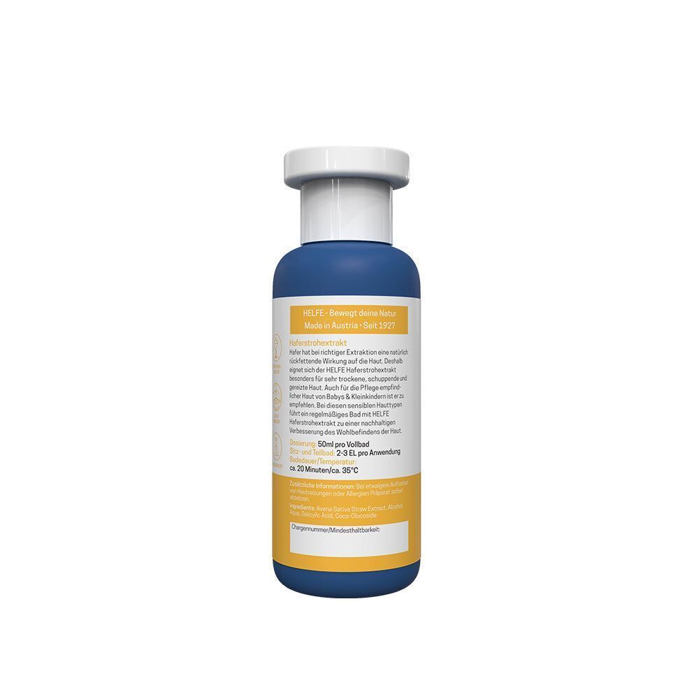 Rückseite einer Flasche HELFE Haferstrohextrakt. Gelbes Etikett mit Produktinformationen und Anwendungshinweisen.
