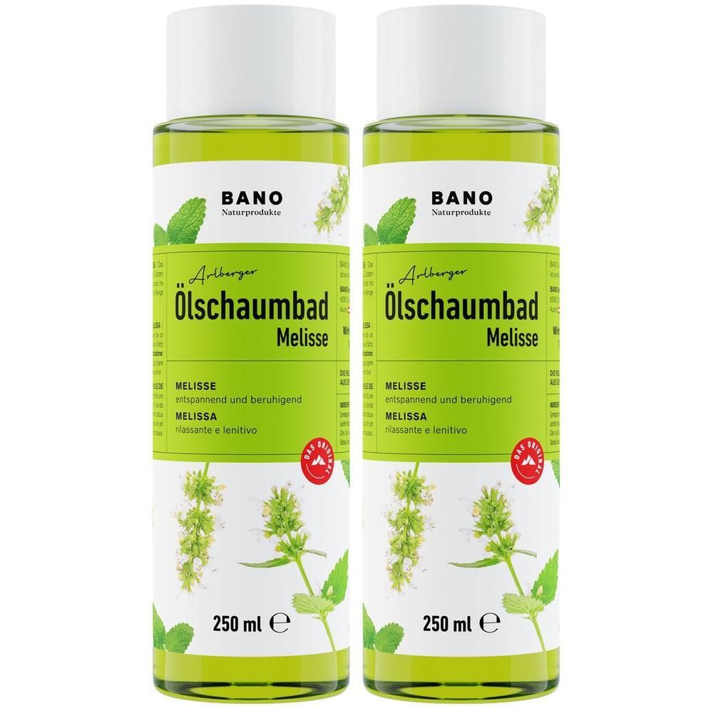 Zwei Flaschen Arlberger Ölschaumbad Melisse, jeweils 250 ml, mit Etikett und Kräutermotiv.
