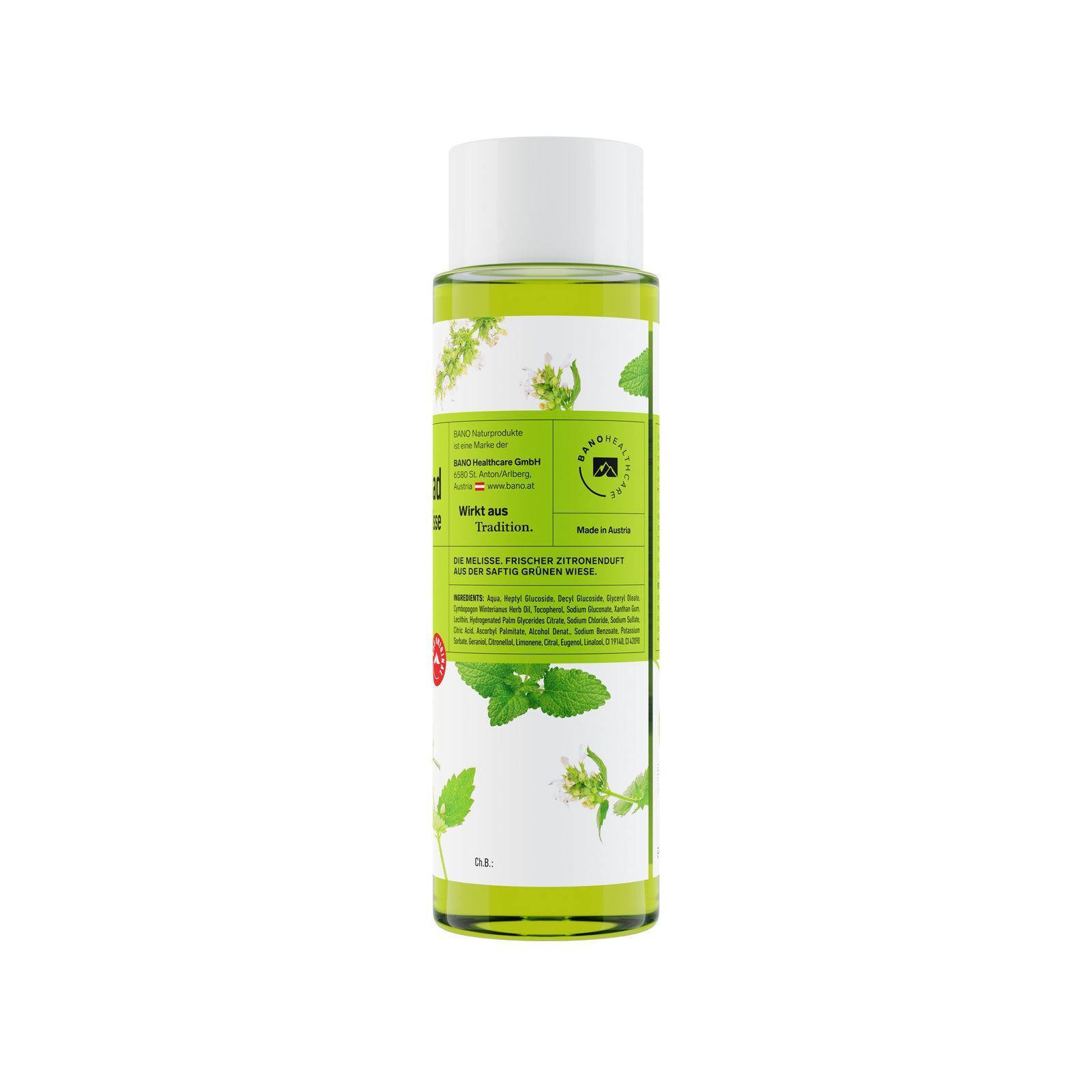 Rückseite einer Flasche Arlberger Ölschaumbad Melisse (250 ml) mit detaillierten Produktinformationen und Kräutermotiven.