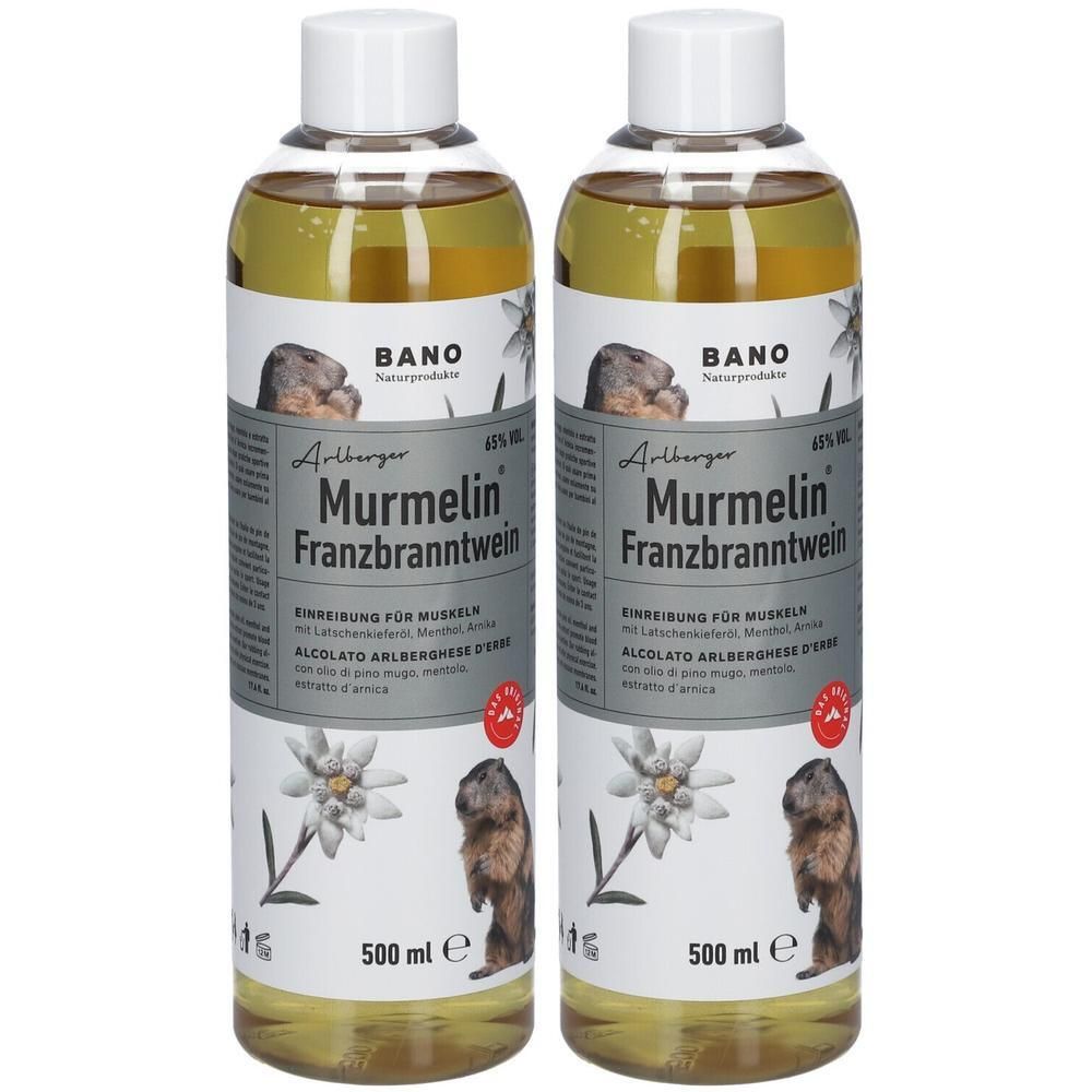 Zwei Flaschen BANO Murmelin Franzbranntwein mit Murmeltier- und Edelweiß-Motiv, 500 ml.