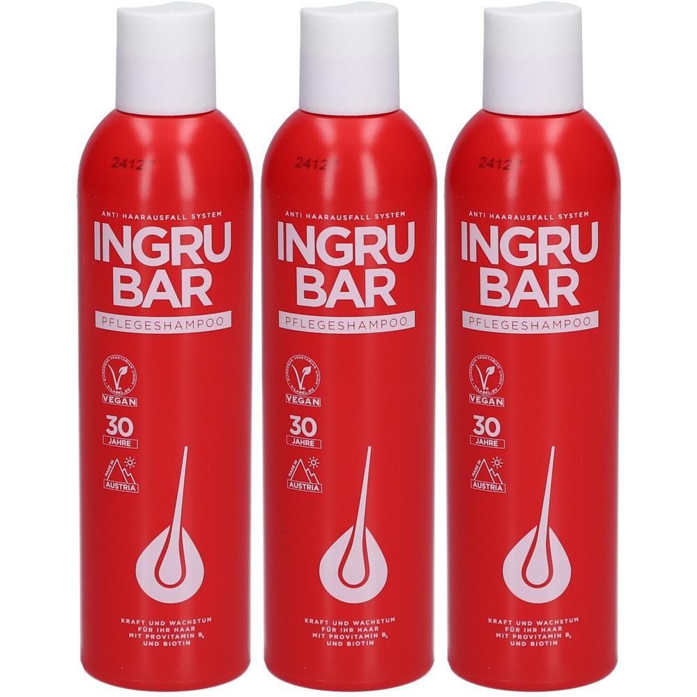 Drei rote Flaschen Ingubar Pflegeshampoo mit weißen Verschlüssen. Jede Flasche zeigt das Logo, 'Vegan', '30 Jahre' und 'Österreich'.