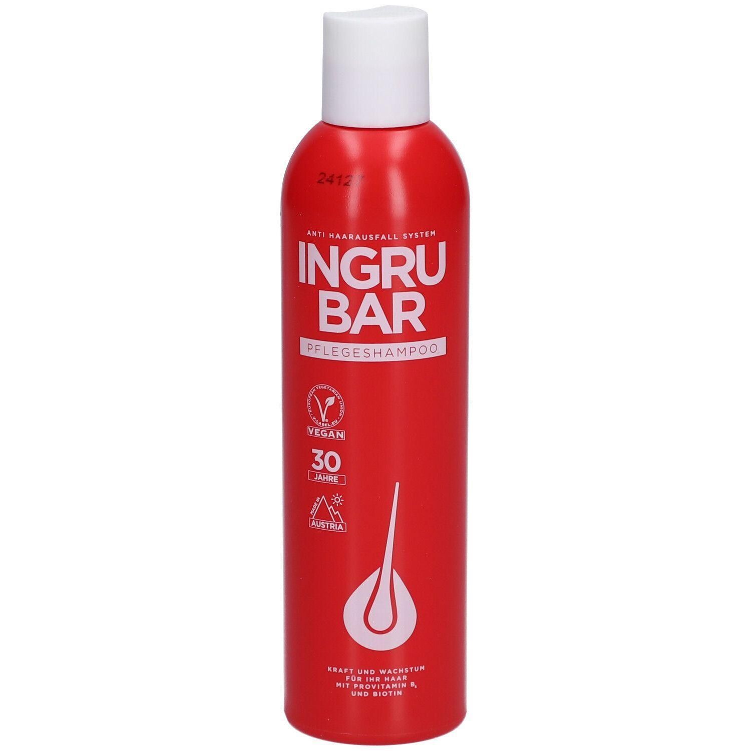 Rote Flasche Ingrubar Pflegeshampoo mit weißem Deckel. Enthält veganes Siegel und "30 Jahre" Hinweis.