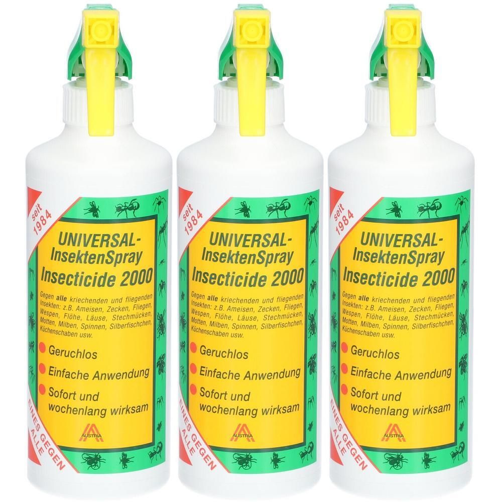 Drei Sprühflaschen Universal Insektenspray Insecticide 2000 mit gelben Sprühköpfen und grünen Akzenten.