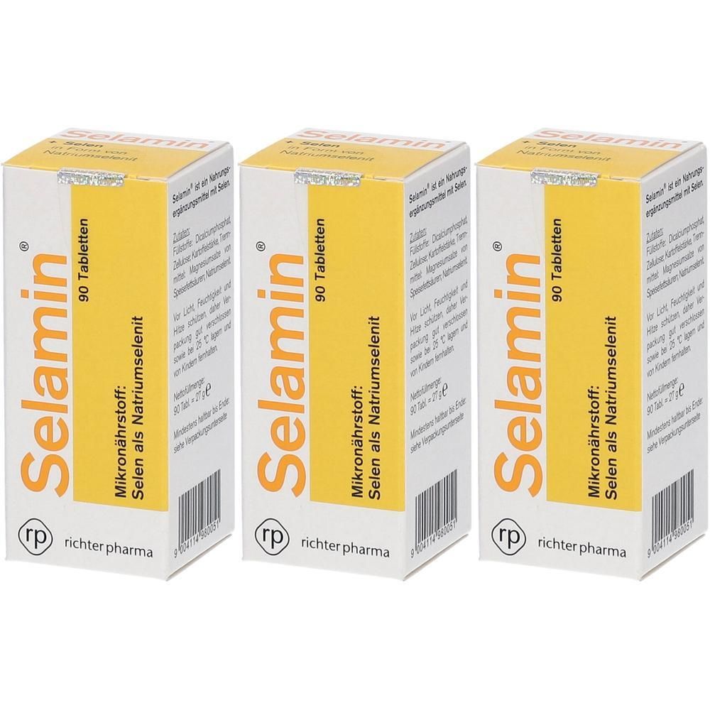 Drei Packungen Selamin mit je 90 Tabletten. Enthält Selen als Natriumselenit.