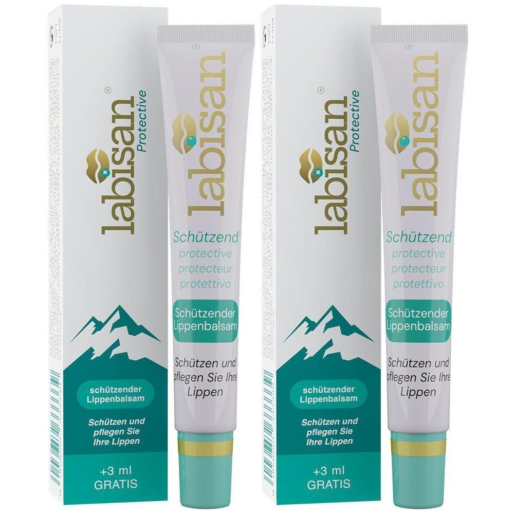 Zwei Tuben Labisan® Lippenbalsam mit Schachteln. Bergmotiv und Text auf Verpackung.