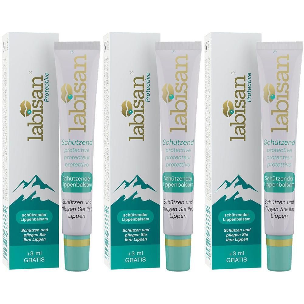 Drei Tuben Labisan® Schutzbalsam für die Lippen mit Bergmotiv und grünen Kappen.