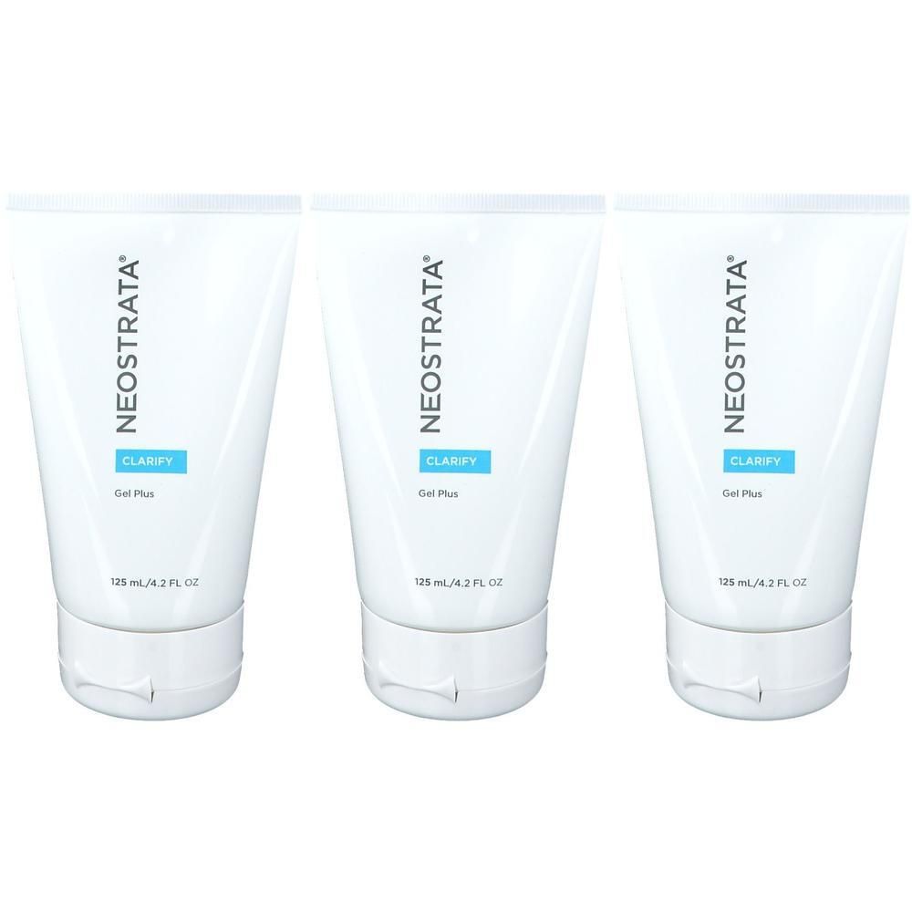 Drei weiße Tuben mit NEOTRATA CLARIFY Gel Plus, jeweils 125 ml.