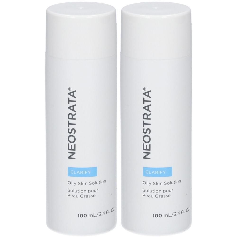 Zwei weiße Flaschen Neostrata Oily Skin Solution, jeweils 100 ml.
