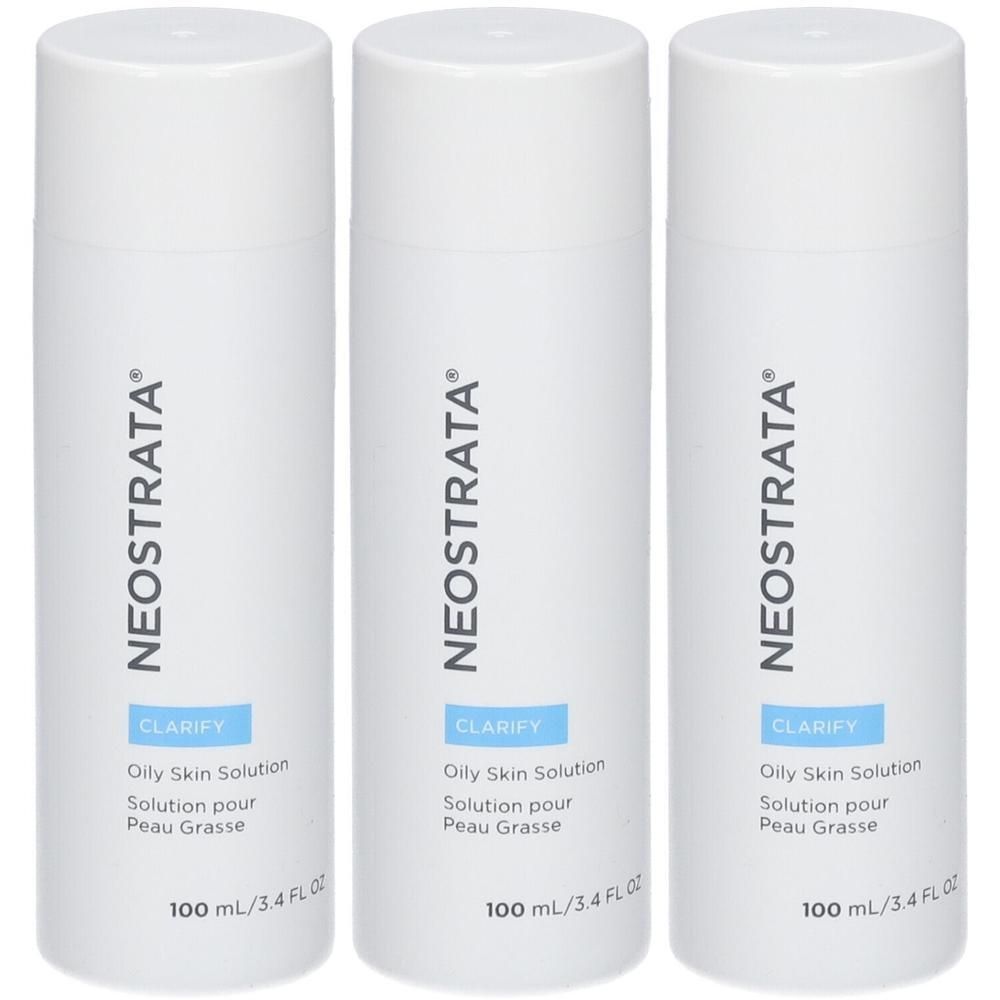 Drei weiße Flaschen Neostrata Oily Skin Solution, je 100 ml.