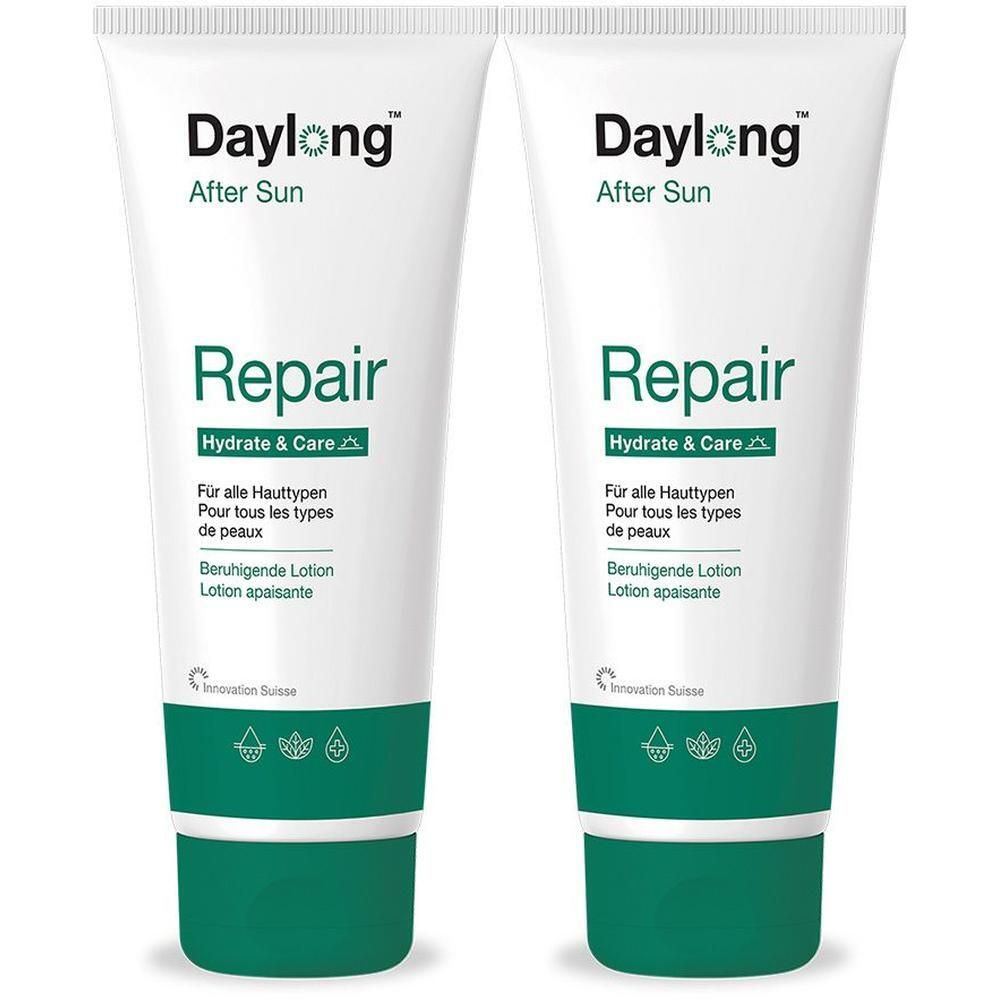 Zwei Tuben Daylong After Sun Repair Lotion. Beruhigende Lotion für alle Hauttypen.