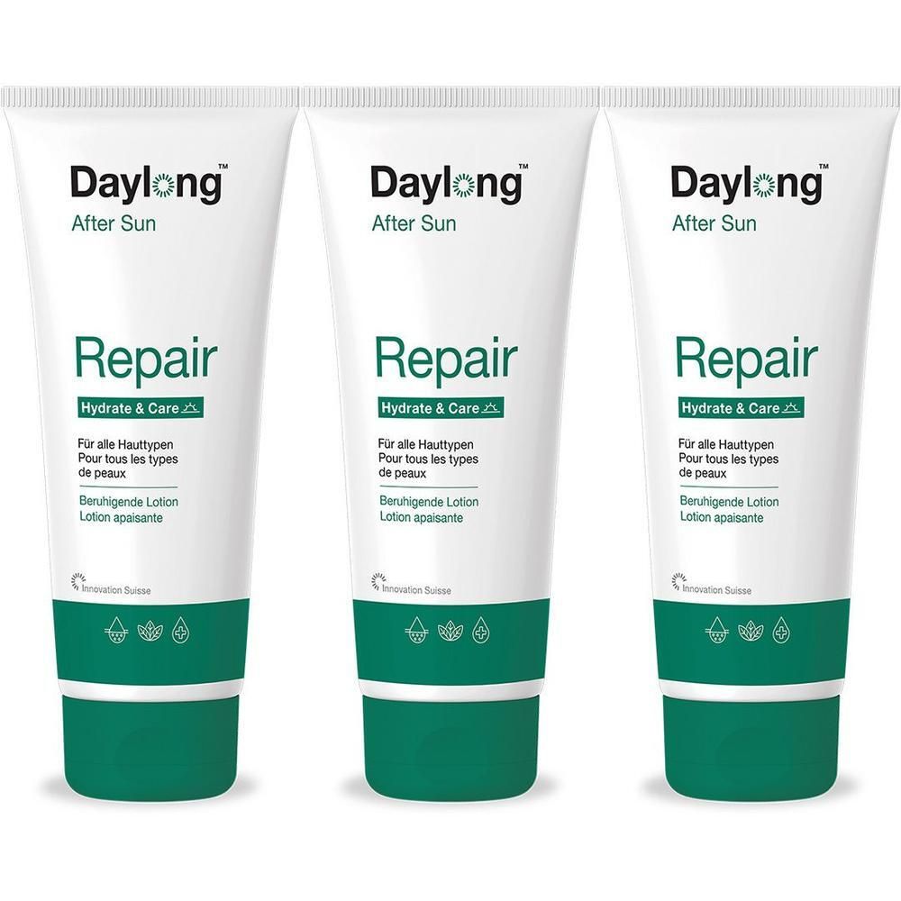 Drei Tuben Daylong After Sun Repair Lotion mit Beschriftung.