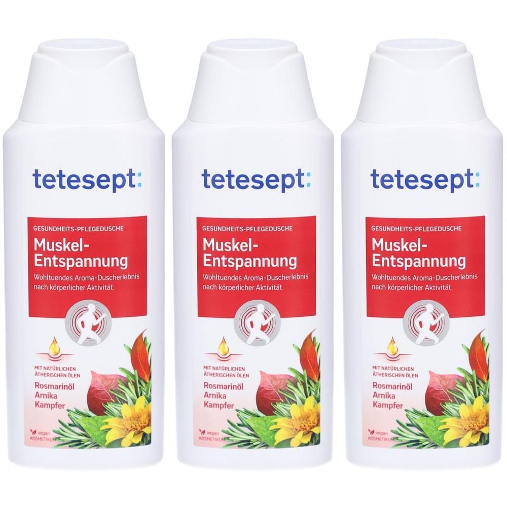 Drei tetesept Muskel-Entspannung Duschgel-Flaschen mit roten Etiketten und Abbildungen von Kräutern und Blumen.