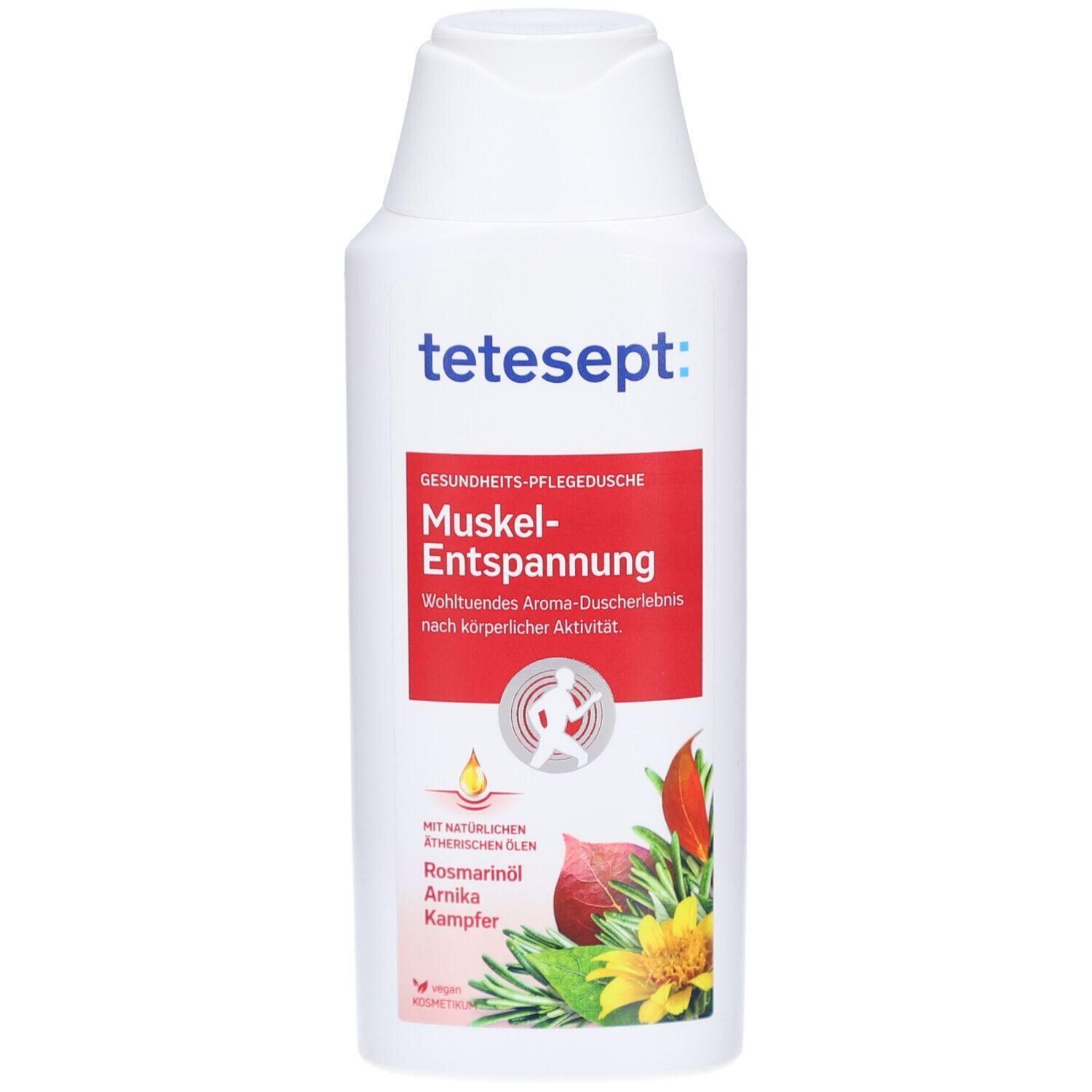 tetesept Muskel-Entspannung Duschgel in weißer Flasche mit rotem Etikett. Enthält Rosmarinöl, Arnika und Kampfer.