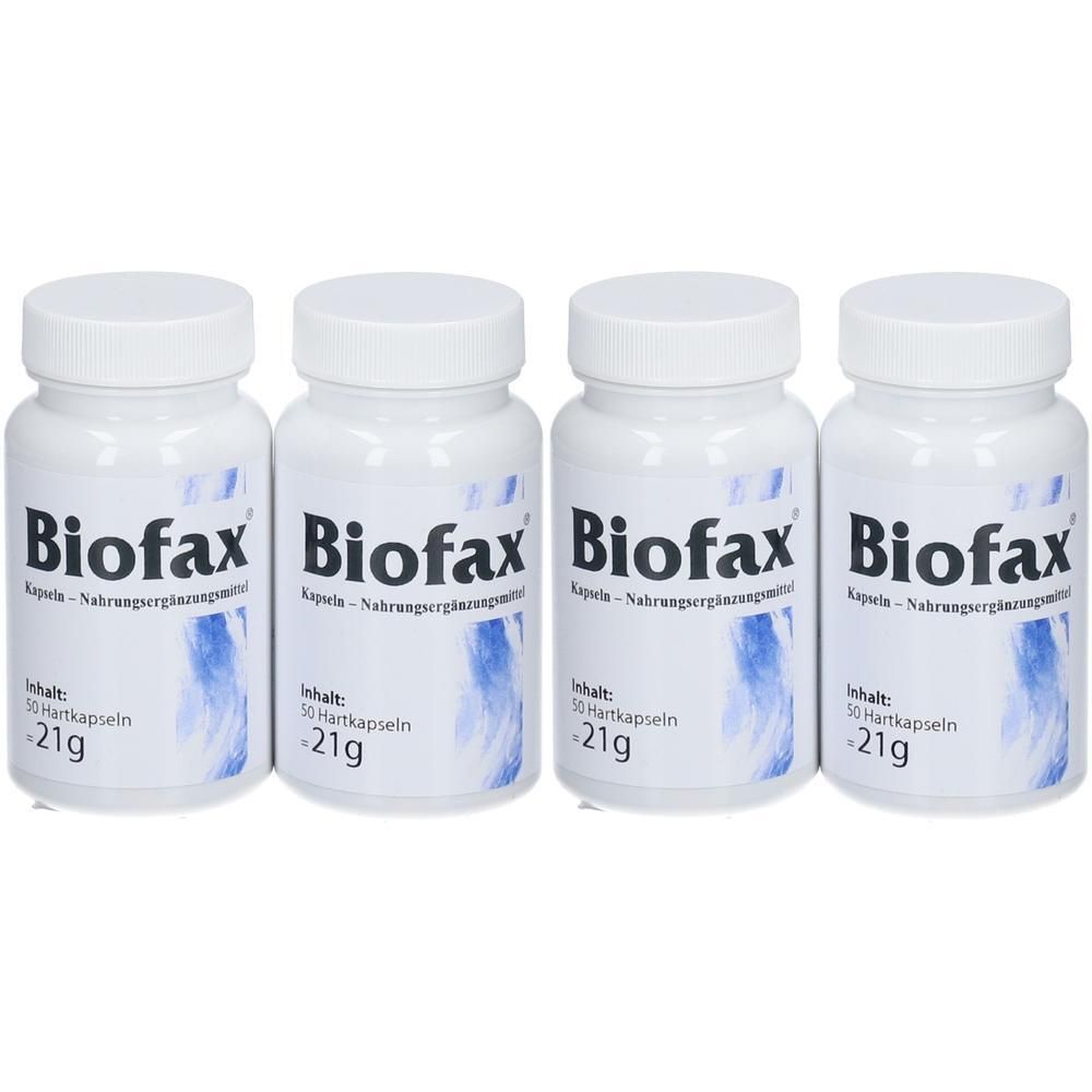 Vier weiße Flaschen mit Biofax-Kapseln, jeweils 50 Hartkapseln à 21g.