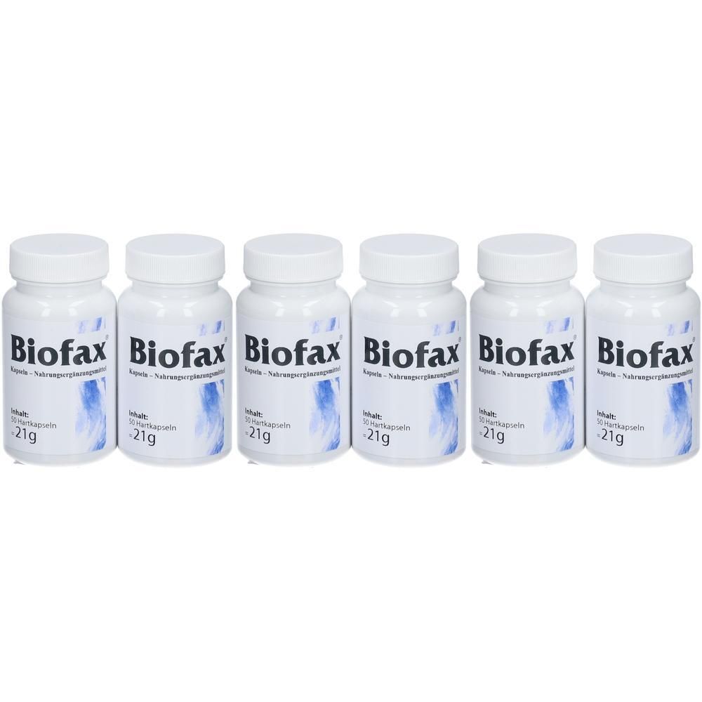 Sechs weiße Flaschen mit Biofax Kapseln, jeweils 21g Inhalt.