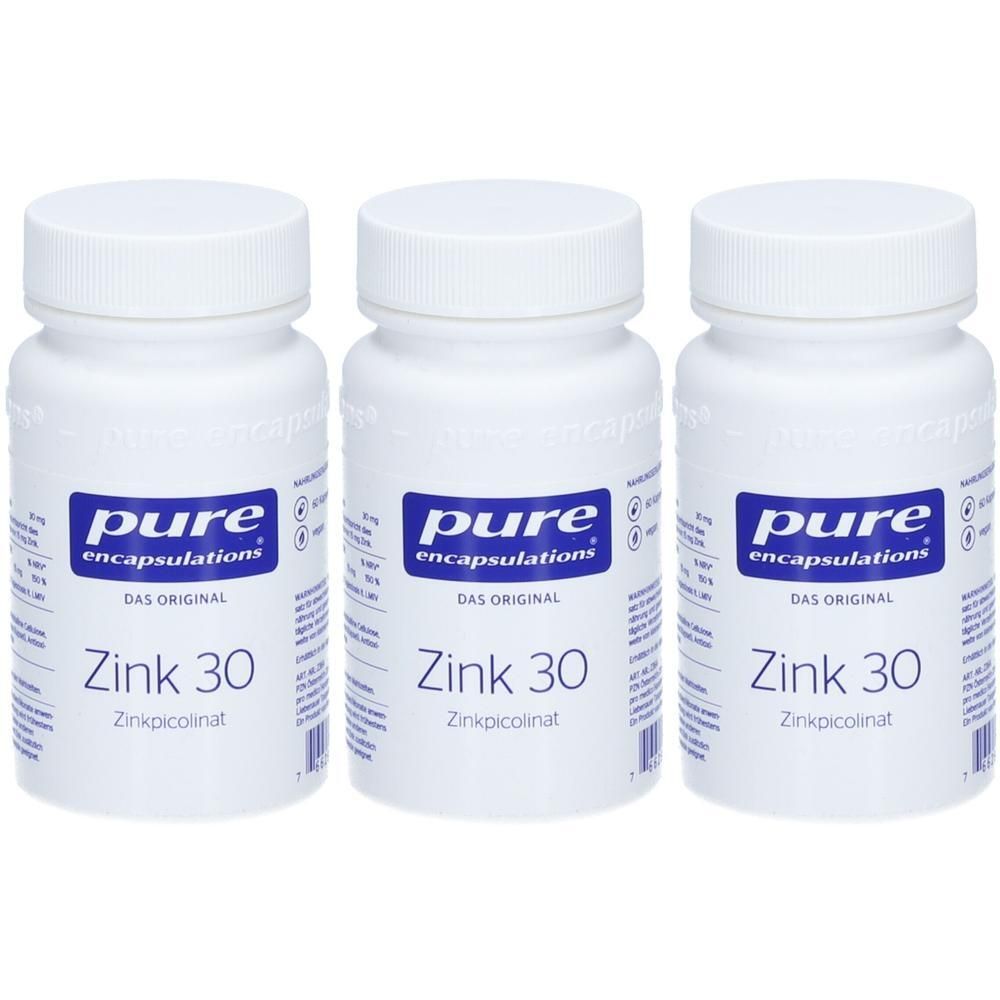 Drei weiße Behälter mit pure encapsulations® Zink 30 Zinkpicolinat.