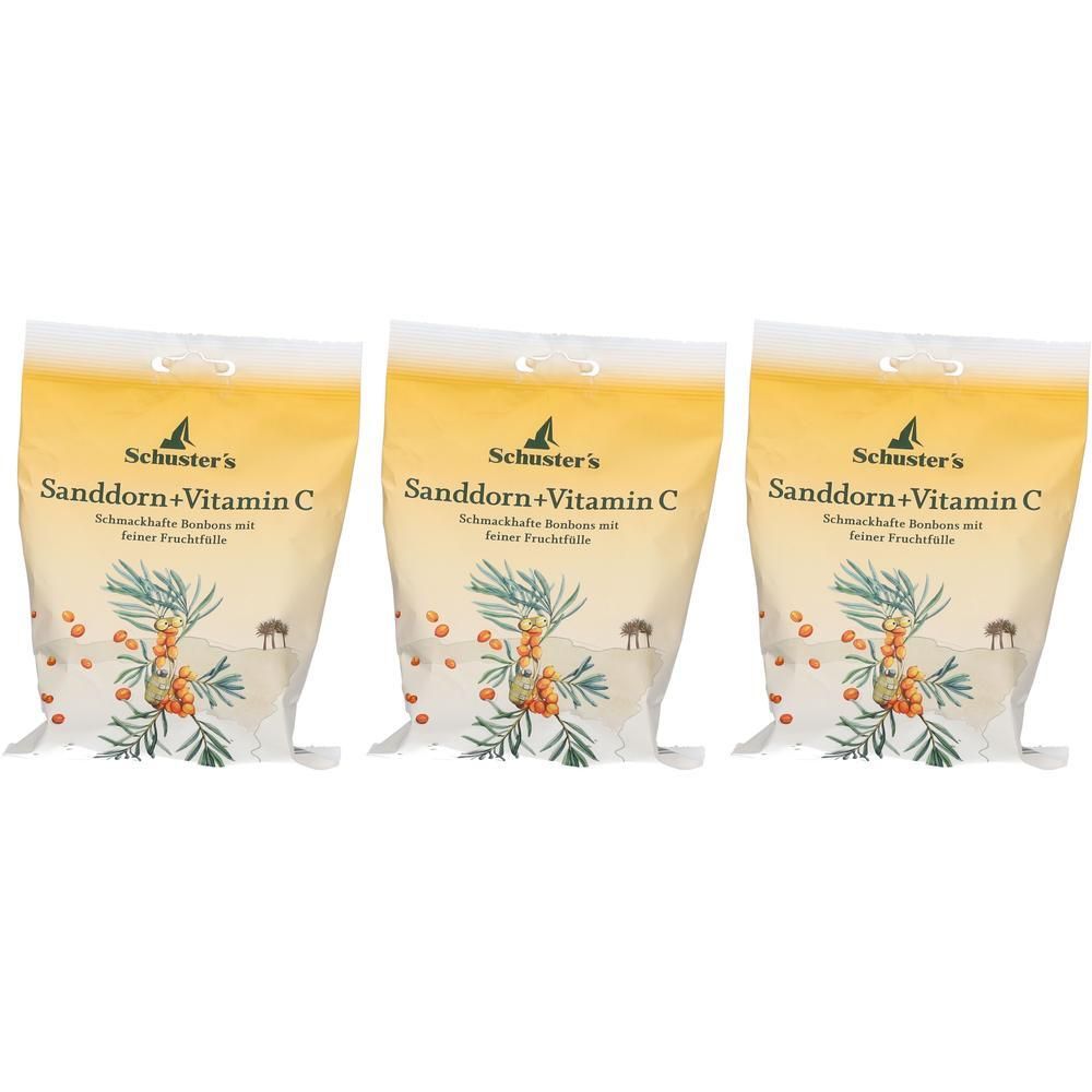 Drei Beutel Schuster Sanddorn + Vitamin C Fruchtbonbons mit Abbildung von Sanddornzweigen und Beeren.