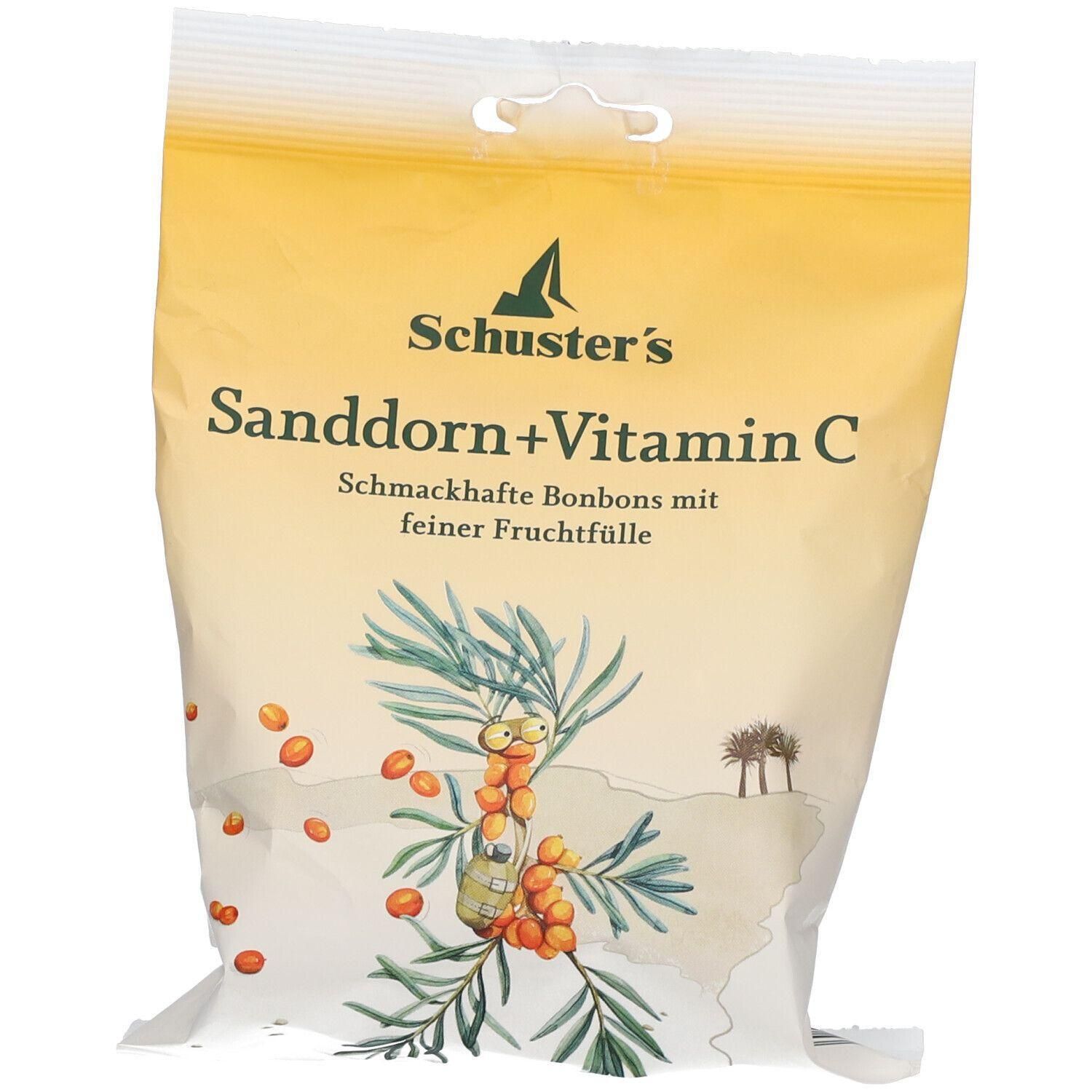 Schuster's Sanddorn + Vitamin C Bonbons mit Fruchtfüllung.