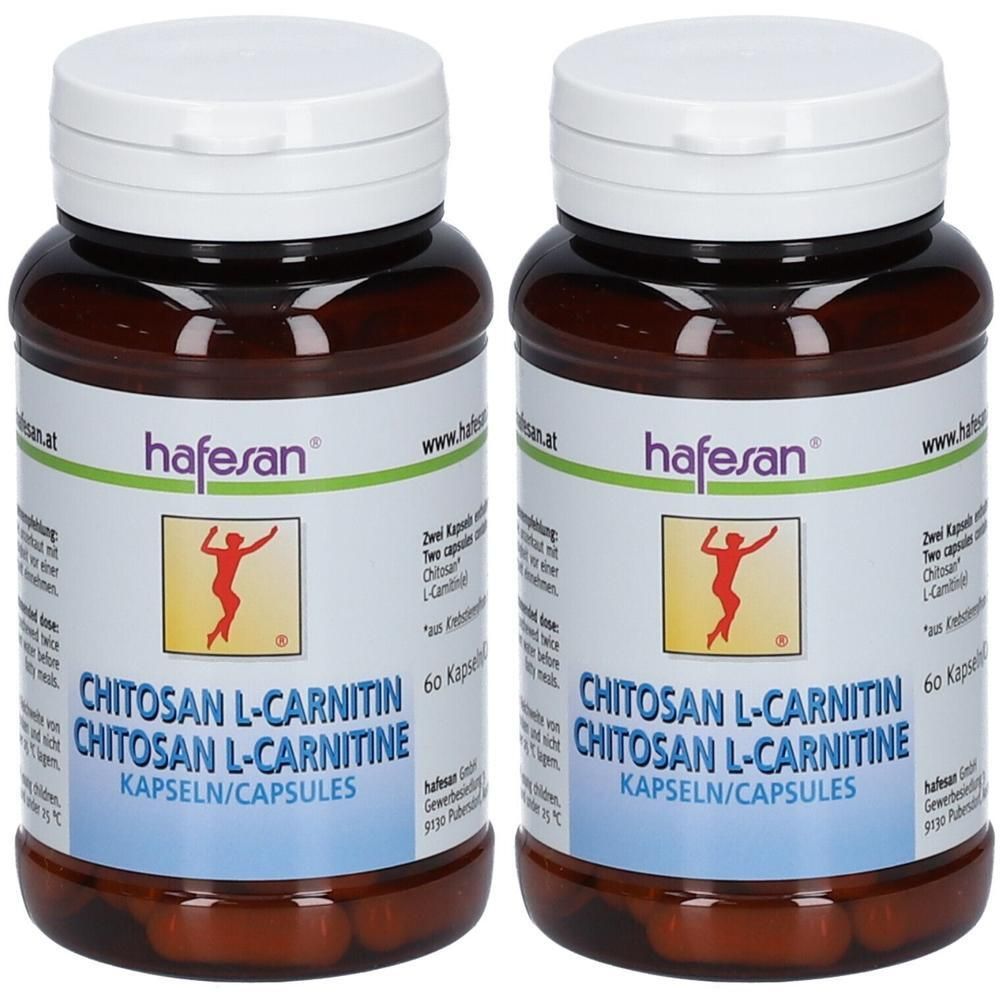 Zwei braune Flaschen mit Kapseln, "Chitosan L-Carnitin" Aufschrift und Hafesan Logo.