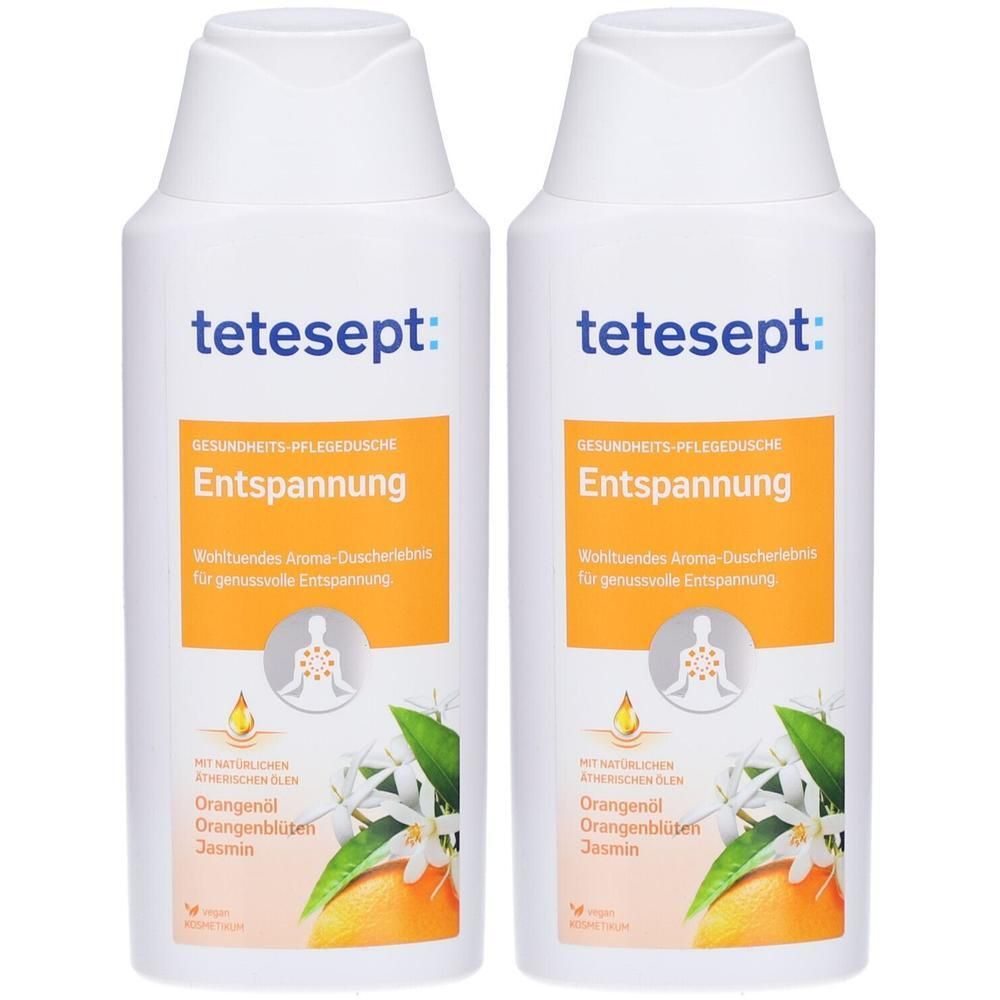 Zwei weiße Flaschen tetesept Entspannung Duschgel mit Orangen- und Jasminnoten. Orangefarbene Etiketten mit Produktinformationen.