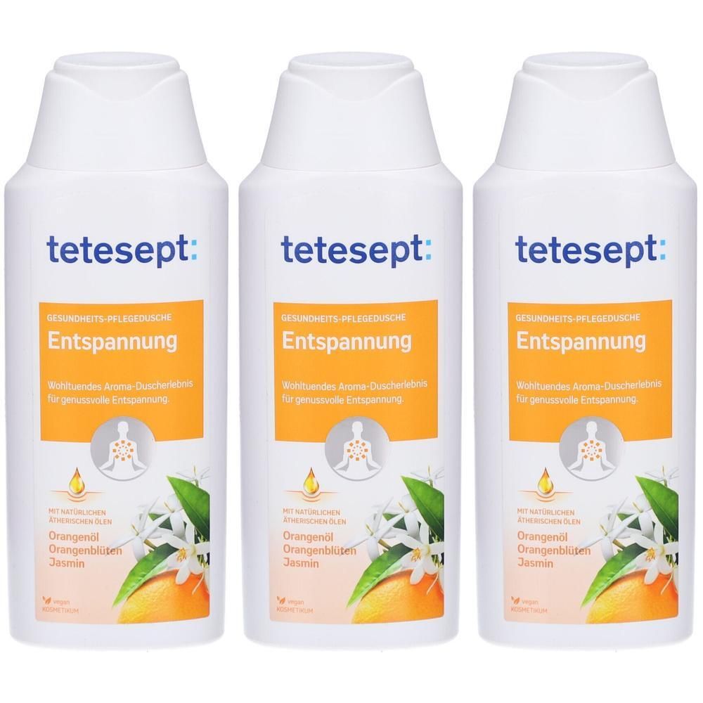Drei tetesept Entspannung Duschflaschen mit Orangenblüten und Jasmin-Motiv.