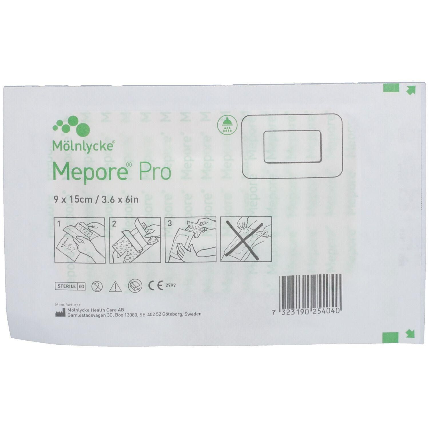 Verpackung für Mepore Pro Verband, 9x15cm. Zeigt Anwendungshinweise und CE-Kennzeichnung.