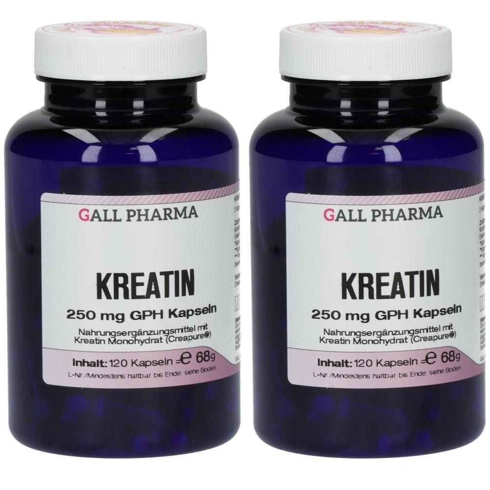 Zwei Flaschen Gall Pharma Kreatin 250 mg GPH Kapseln, jede Flasche enthält 120 Kapseln.
