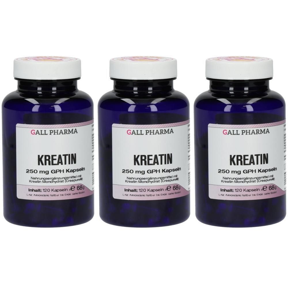 Drei Flaschen Gall Pharma Kreatin 250 mg GPH Kapseln, jede enthält 120 Kapseln.