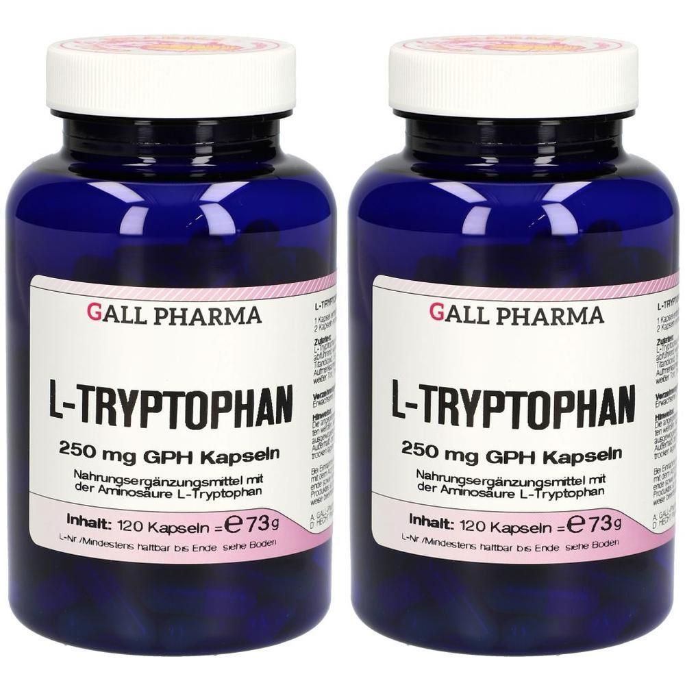 Zwei Flaschen Gall Pharma L-Tryptophan Kapseln, 250 mg, 120 Kapseln pro Flasche.