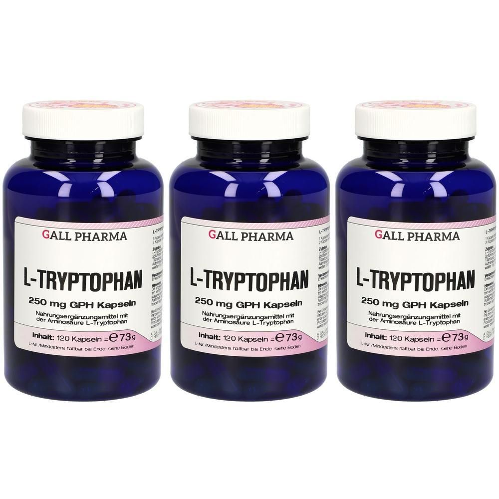 Drei Flaschen Gall Pharma L-Tryptophan Kapseln, 250 mg, 120 Kapseln pro Flasche.