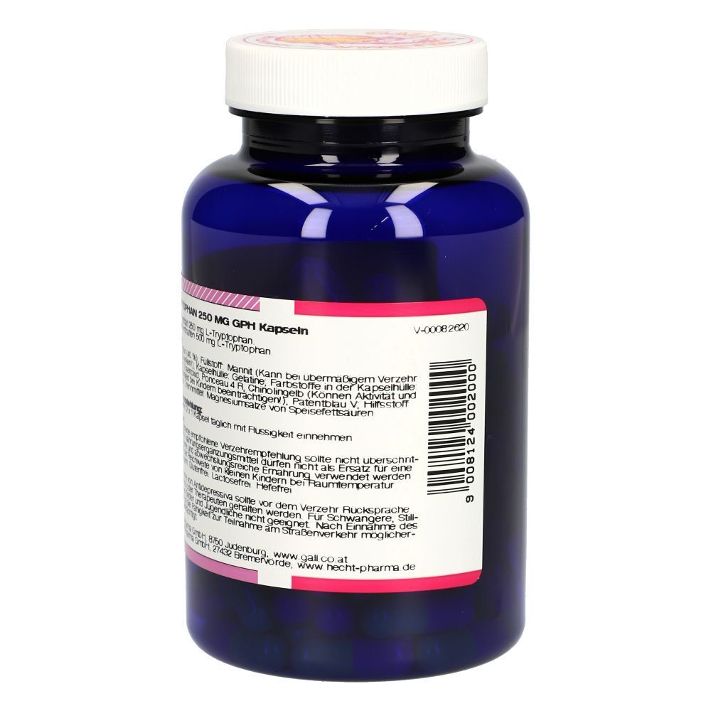 Eine Flasche L-Tryptophan Kapseln, 250 mg GPH, 120 Kapseln. Rückseite mit Barcode und Informationen.