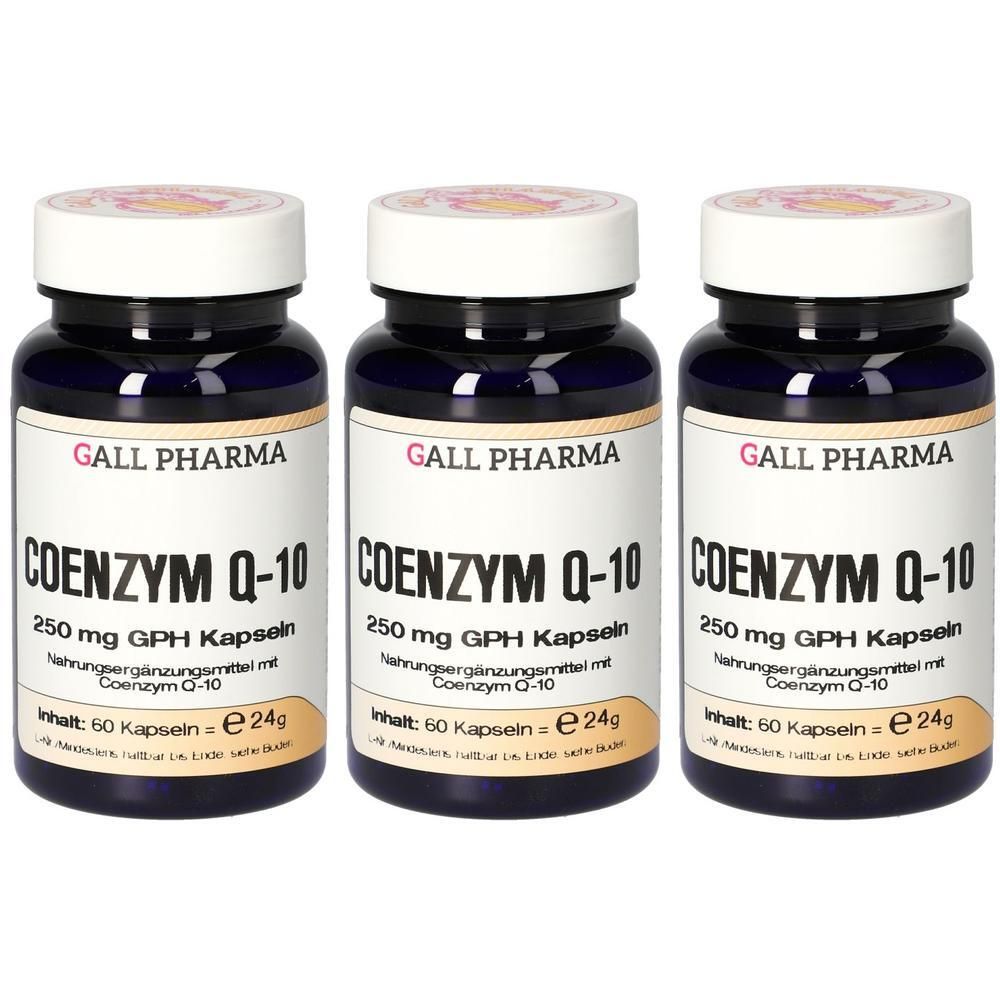 Drei Flaschen Coenzym Q-10 Kapseln, 250 mg GPH. Dunkelblaue Behälter mit weißen Kappen.