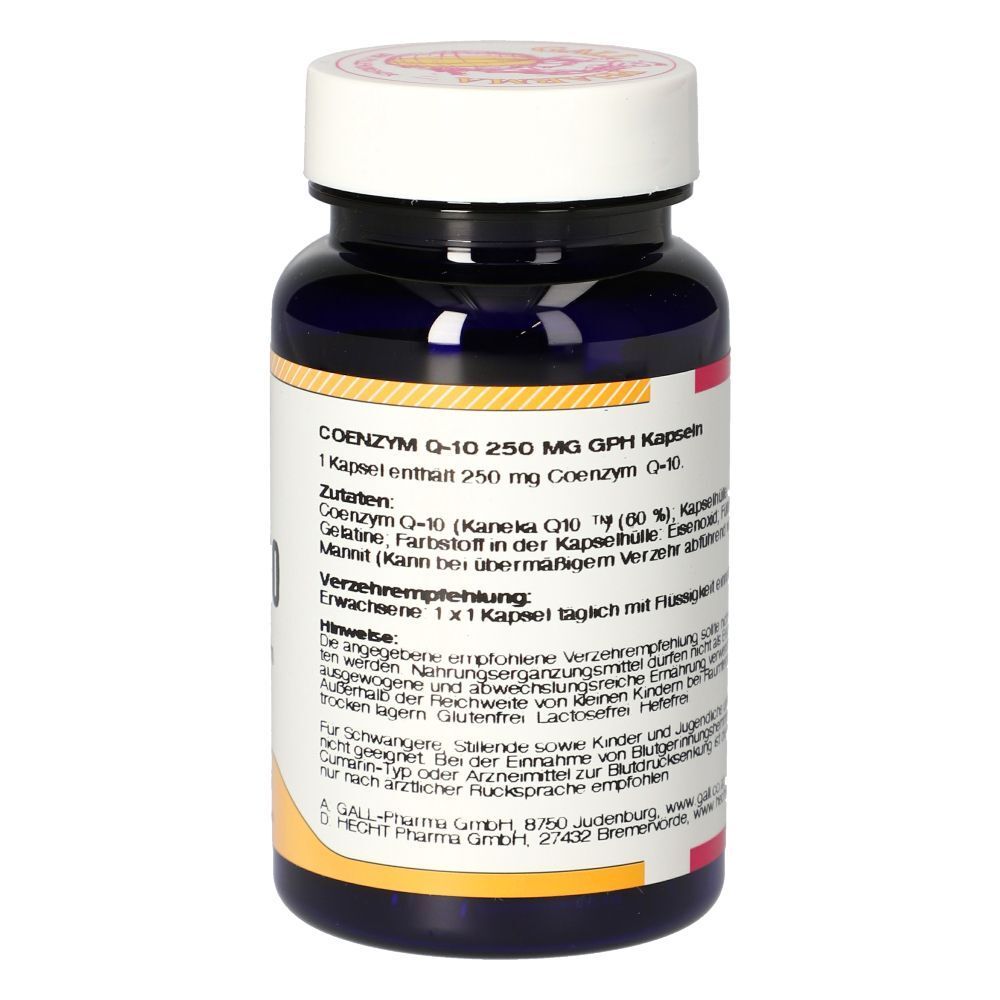 Eine Flasche Coenzym Q-10 Kapseln, 250 mg GPH. Dunkelblauer Behälter mit weißem Deckel und Etikett.