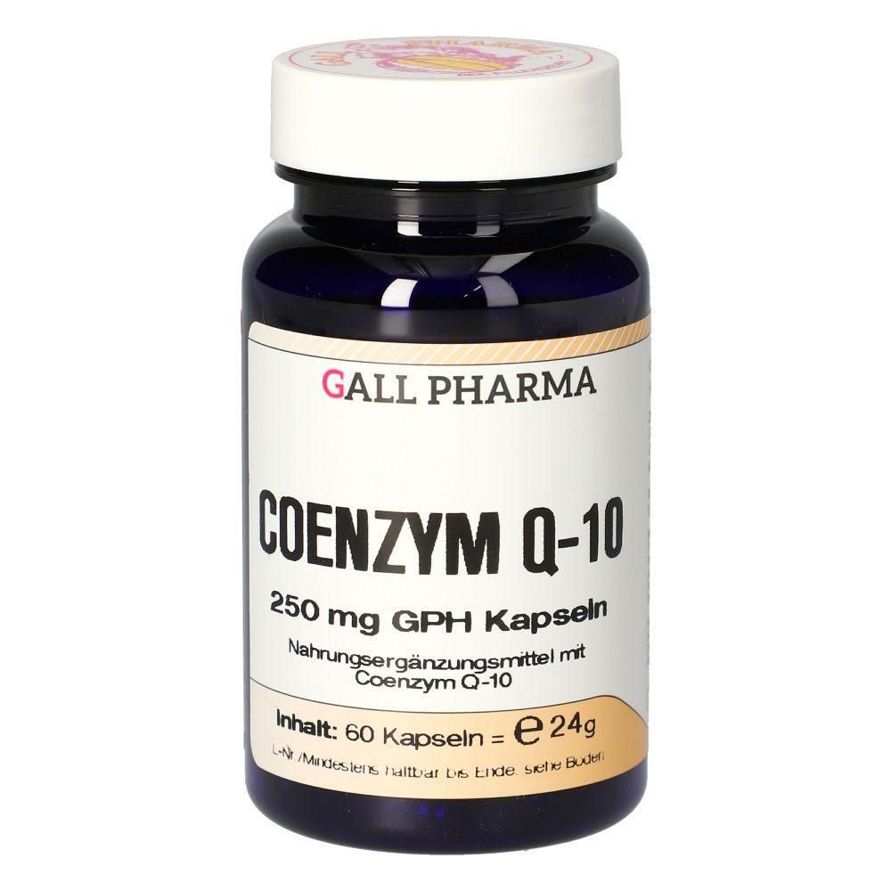 Dunkelblaue Kapsel-Flasche mit weißem Deckel. Vorderseite mit Etikett: GALL PHARMA, COENZYM Q-10, 250 mg GPH Kapseln.
