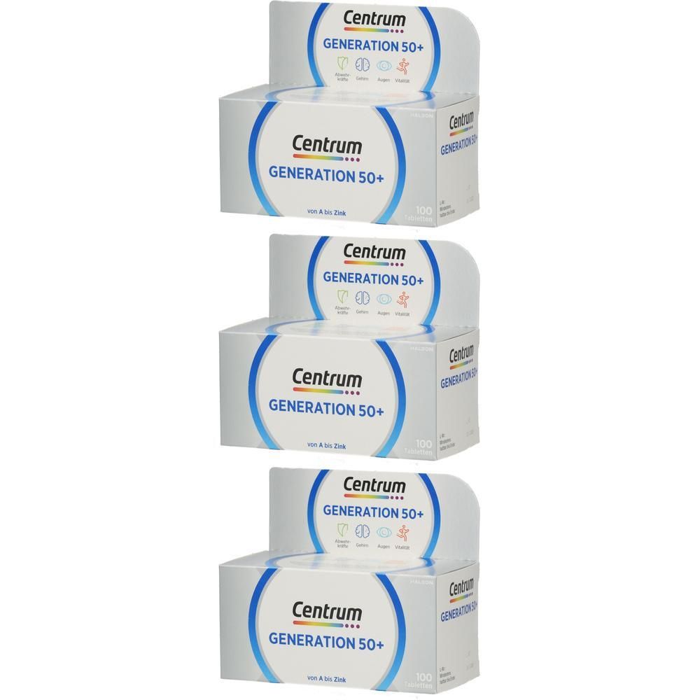 Drei Packungen Centrum Generation 50+ Multivitaminpräparate, weiß mit blauen Akzenten.
