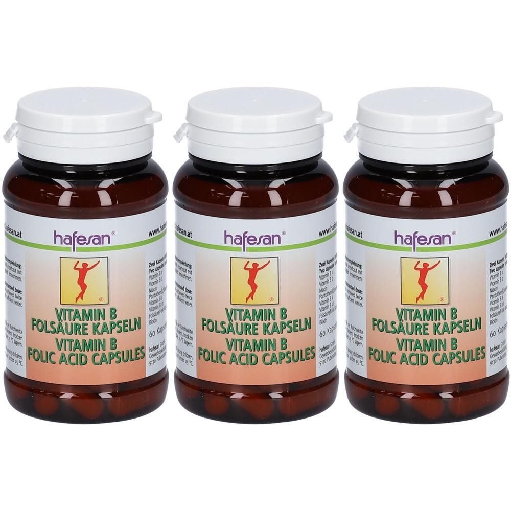 Drei Flaschen Hafesan Vitamin B Folsäure Kapseln.